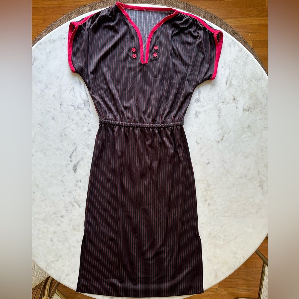 Vintage striped midi dress with red piping and button detailing